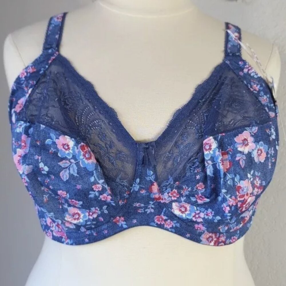 Elomi Morgan Size 40K Underwire Bra with Underband Side Support Blue Floral - Picture 3 of 7